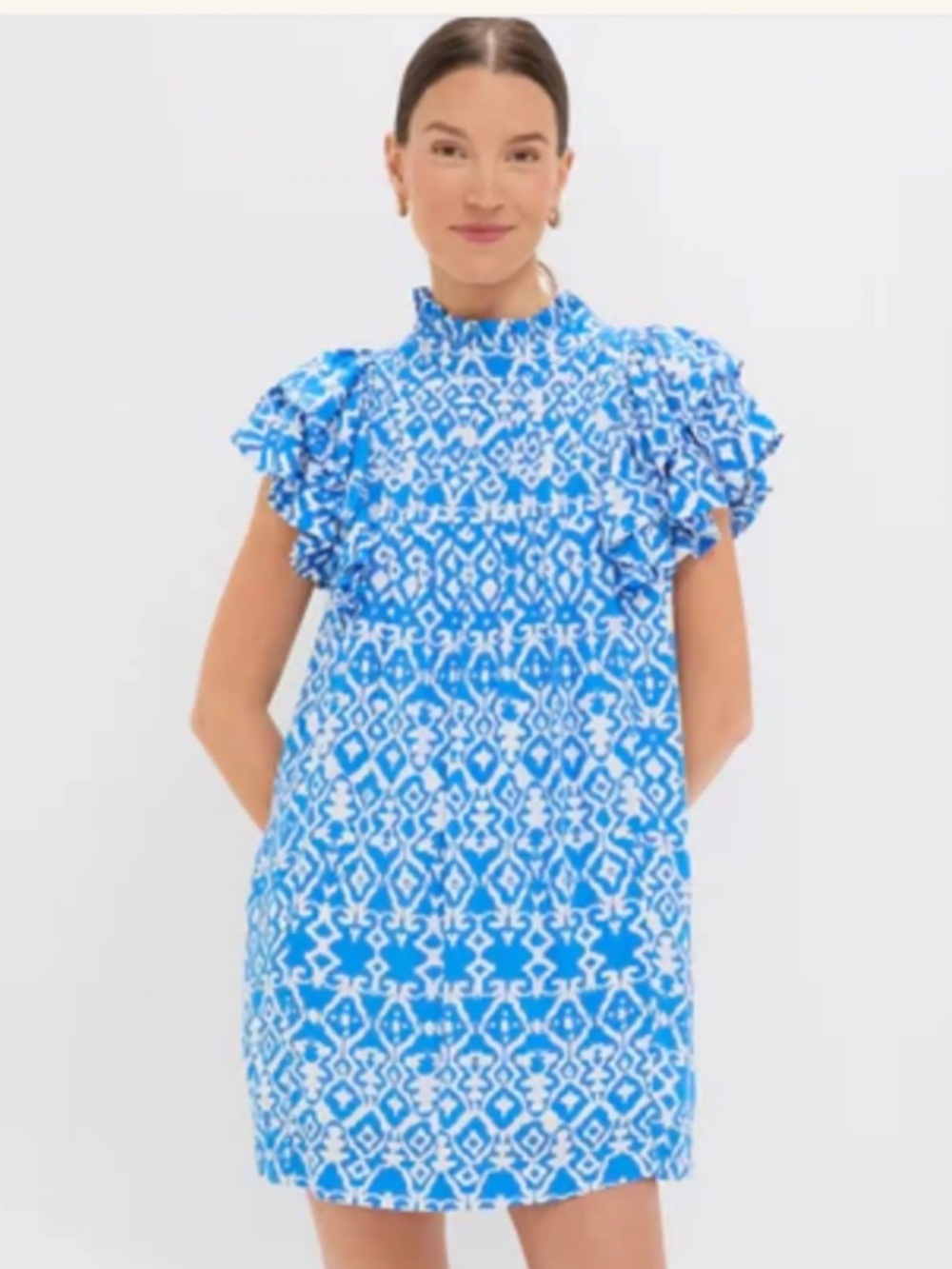Blue Patterned Ruffle Mini Dress